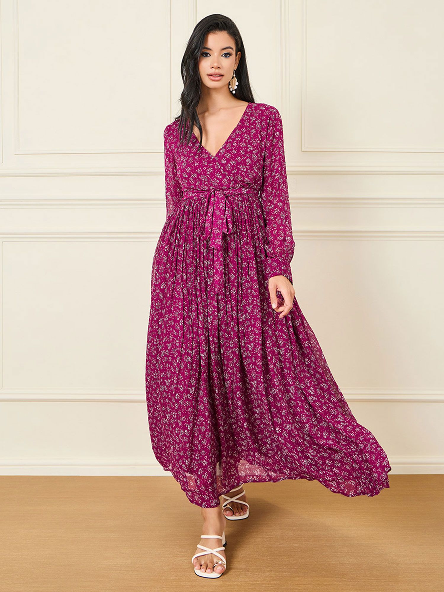 styli Womens Burgundy Pleated Maxi Dress With Wrap Detail (Set of 2)-picture-38