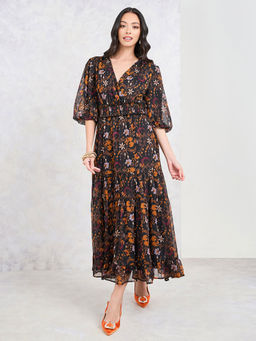 Styli - Womens Black Floral Print Wrap Dress With Volume Sleeve