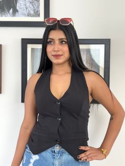Tandul - Women Black Polyester Waist Coat