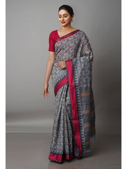 Unnati Silks - Grey Block Printed Sico Saree with Unstitched Blouse