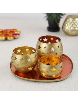 HomeTown - Aruba Iron Set of 4 Cut Work Votive with Platter in Copper Colour