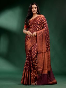 CHARUKRITI - Brown Organza Handwoven Soft Saree with Unstitched Blouse