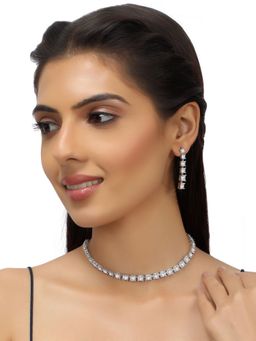 Accessher - Silver Plated American Diamond Studded Choker Necklace Drop Earrings Set