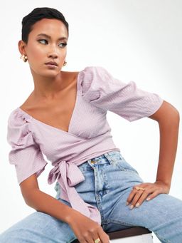 Styli - Pink Gingham Print V Neck Puff Short Sleeves Wrap Blouse