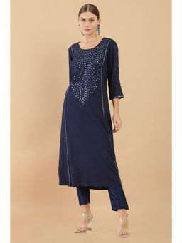 Soch - Navy Blue Rayon Solid Straight Fit Kurta