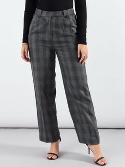 Powersutra - Checked Straight Fit High-Rise Wrinkle Free Pleated Formal Trousers