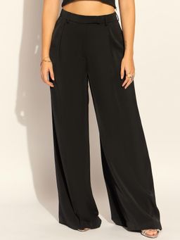 Powersutra - Elegant Black Relaxed Straight Fit Satin High-Waisted Wide Leg Trouser