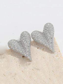 Peachy Accessories - Silver Plated Heart White Stone Stud Earrings