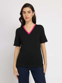 FableStreet - Cotton Lycra Regular Fit Short Sleeve V-Neck Black Women Tshirt