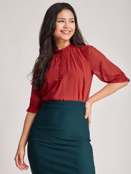 FableStreet - Georgette Relaxed Fit Ruffled Sleeve Ruffled Neck Rust Women Top