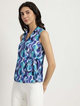 FableStreet - Polyester Abstract Sleeveless V-Neck Wrap Blue Women Top