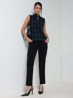 FableStreet - Cotton Relaxed Fit Sleeveless Keyhole Neck Checked Blue Women Top