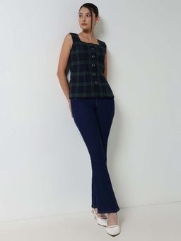 FableStreet - Cotton Relaxed Fit Sleeveless Square Neck Checks Blue Women Top