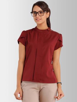 FableStreet - Polyester Regular Fit Short Sleeve Band Collar Maroon Women Top