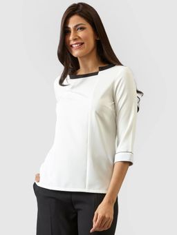FableStreet - Polyester Regular Fit Three-Quarter Sleeve Boat Neck White Women Top