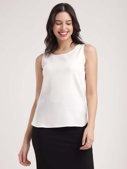 FableStreet - Polyester Regular Fit Sleeveless Round Neck White Women Top