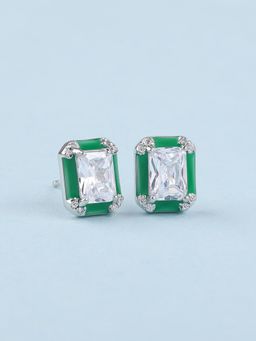 Ornate Jewels - 925 Silver Octagon American Diamond Green Enamel Stud Earring For Women & Girls