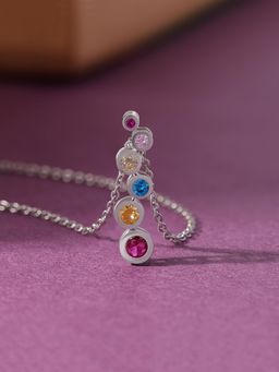 Ornate Jewels - Lollipop 925 Silver Round Multi Stone Linear Pendant with Chain for Women and Girls
