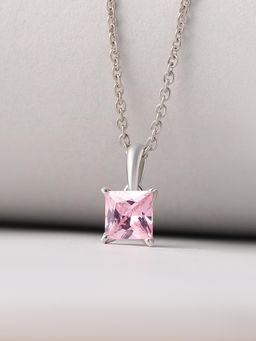Ornate Jewels - 925 Silver Square Pink American Diamond Pendant With Chain For Women & Girls