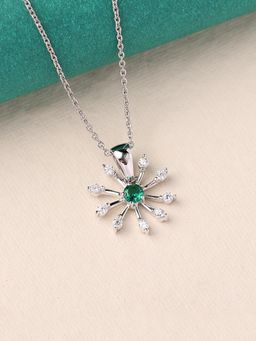 Ornate Jewels - 925 Silver Rhodium Plated Green Emerald Flower Pendant with Chain for Women & Girls