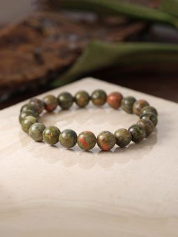 Ornate Jewels - Unisex Round Green Epidotized Granite Beads Stretchable Bracelet