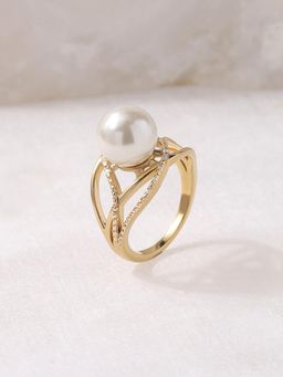Ornate Jewels - 925 Silver 2 Micron 18K Gold Plated Round Shell Pearl Crossover Ring for Women