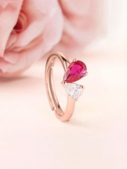 Ornate Jewels - 925 Silver 18K Rose Gold Plated Red Ruby Adjustable Ring For Women And Girls