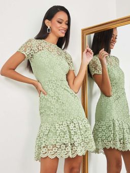 Styli - Green Short Sleeves Lace Insert Bodycon Mini Dress