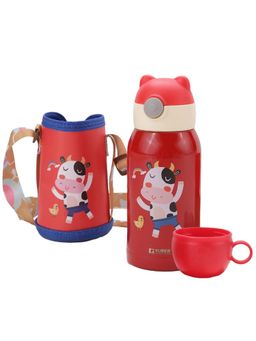 Kuber Industries - Mooh Design Stainless Steel Flask with Straw, Cup & Fabric Cover 500 ml