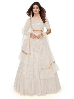 Odette - Women White Georgette Semi-Stitched Lehenga With Unstitched Blouse & Dupatta (Set of 3)