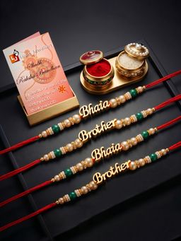 LUCKY JEWELLERY - Bhaiya Brother Gold Text Rakhi with Green Beads Roli Chawal (Pack of 4)