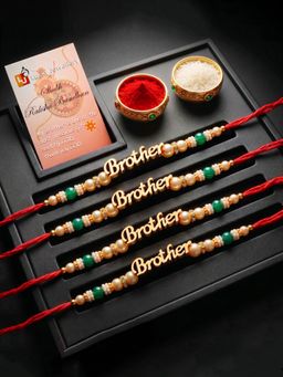 LUCKY JEWELLERY - Gold Brother Text Rakhi Green Beads with Roli Chawal and Card (Pack of 4)