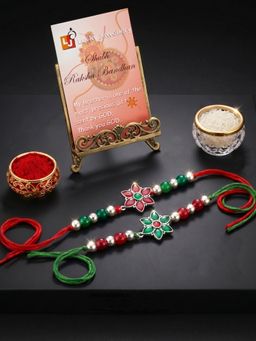 LUCKY JEWELLERY - Floral Maroon Green Beads Rakhi for Brother, Roli Chawal (Pack of 2)