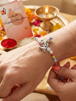 LUCKY JEWELLERY - Silver-Tone Bal Gopal Makhan Chor Beaded Rakhi For Brother With Roli Chawal and Card