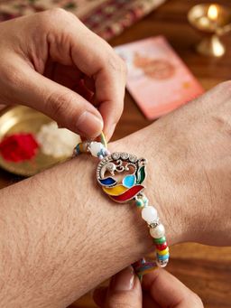 LUCKY JEWELLERY - Meenakari Peacock Beaded Rakhi For Brother Roli Chawal and Card