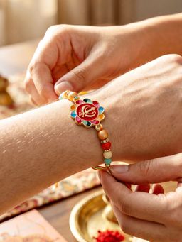 LUCKY JEWELLERY - Khanda Sahib Punjabi Sikh Symbol Beaded Rakhi for Brother With Roli Chawal and Card