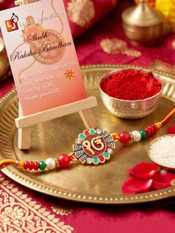LUCKY JEWELLERY - Ek Onkar Spiritual Sikh Punjabi Beaded Rakhi Set For Brother Roli Chawal and Card
