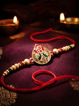 LUCKY JEWELLERY - Ek Onkar Matte Gold Beaded Punjabi Sikh Rakhi Set For Brother Roli Chawal, Card