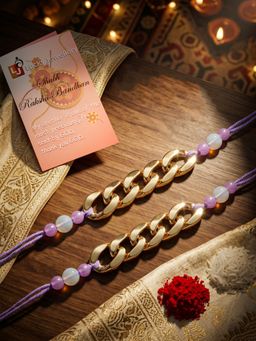 LUCKY JEWELLERY - Modern Gold Chain Link Lavender Beads Rakhi Roli Chawal Card (Pack of 2)