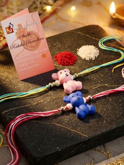 LUCKY JEWELLERY - Cute Teddy Bear Pink Blue with White Beads Kids Rakhi (Pack of 2)