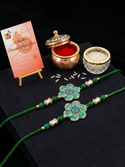 LUCKY JEWELLERY - Green Floral Beads Gold Accents Rakhi for Brother Roli Card (Pack of 2)
