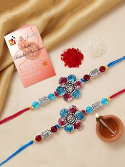 LUCKY JEWELLERY - Designer Floral Metallic Blue Maroon Rakhi Roli Chawal (Pack of 2)