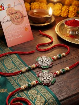 LUCKY JEWELLERY - Silver Floral Metallic Green Maroon Rakhi with Roli Chawal (Pack of 2)