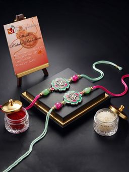 LUCKY JEWELLERY - Floral Magenta Mint Beads Rakhi for Brother Roli Chawal (Pack of 2)