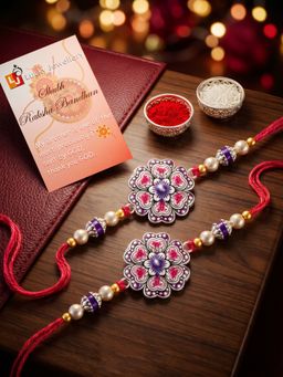 LUCKY JEWELLERY - Magenta Floral Purple Accents Beads Rakhi, Roli Chawal (Pack of 2)