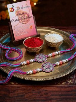 LUCKY JEWELLERY - Magenta Floral Pink Beads Rakhi for Brother, Roli Chawal (Pack of 2)