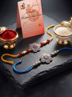 LUCKY JEWELLERY - Floral Pendant Rakhi for Brother with Beads and Roli Chawal (Pack of 2)
