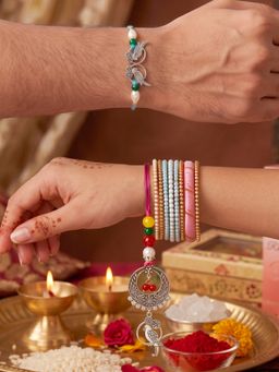 LUCKY JEWELLERY - Bhaiya Bhabhi Bird Pendant Maroon Drop Rakhi Roli Chawal (Pack of 2)