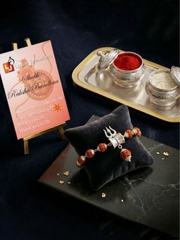 LUCKY JEWELLERY - Spiritual Trishul Rudraksha Beads Rakhi Bracelet with Roli Chawal