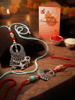 LUCKY JEWELLERY - Maroon Beads Silver Charms Bhaiya Bhabhi Rakhi Set (Pack of 2)